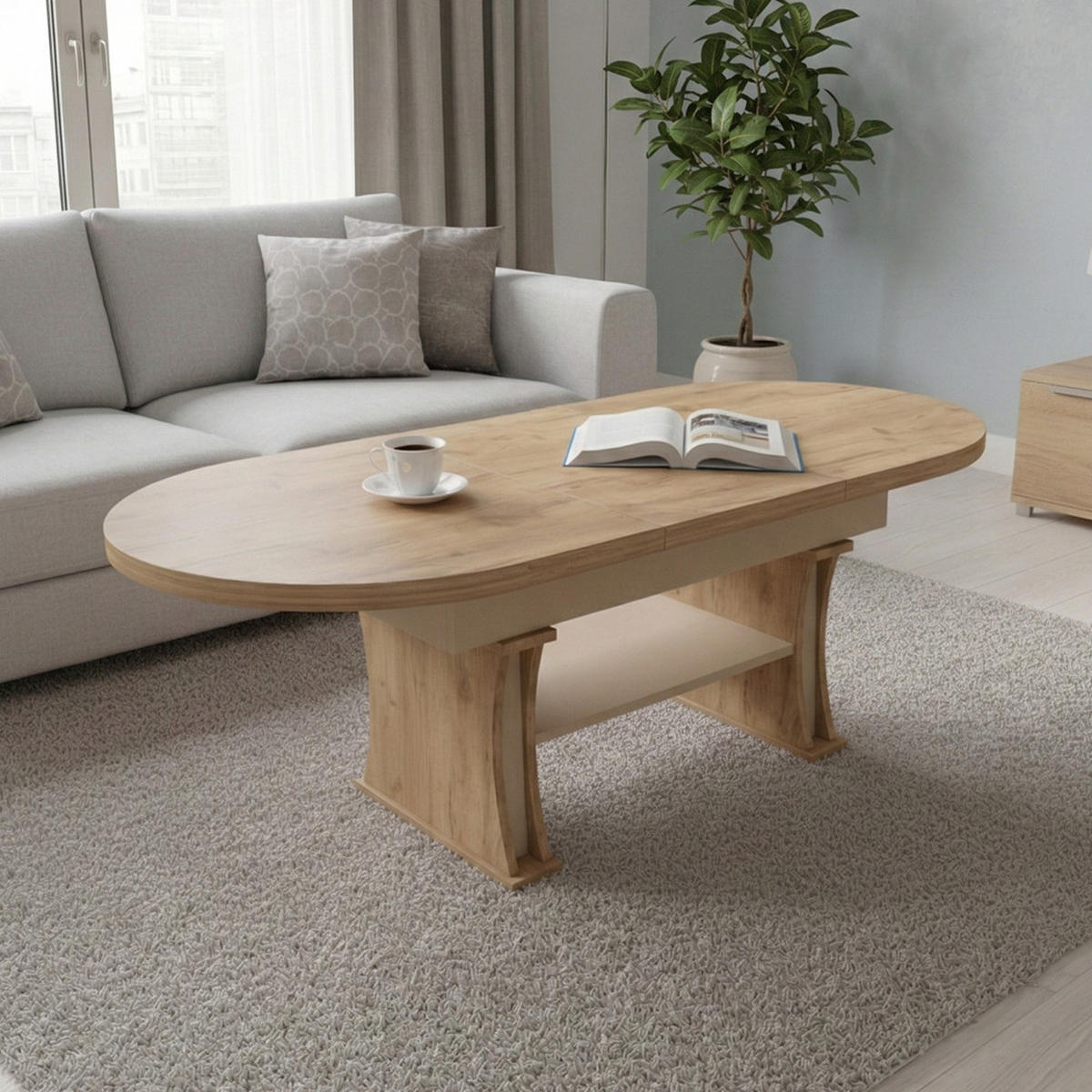 COUCHTISCH oval ausziehbar höhenverstellbar Ablage 130/80/60 cm - Eichefarben/Beige, Holzwerkstoff (80/130/60cm) - designimpex