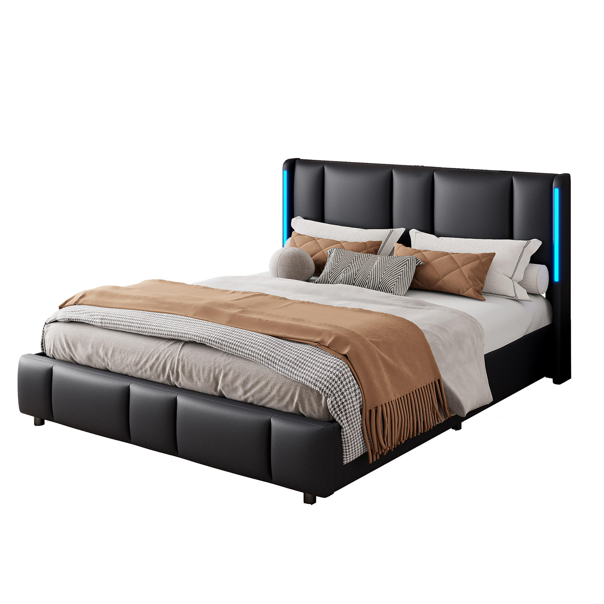 POLSTERBETT 140x200 mit LED, USB/Type-C, Stauraum & Lattenrost, schwarz - Schwarz, Textil/Metall (140/200cm)