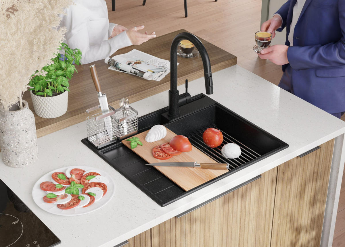SPÜLBECKEN Sydney Pocket, 2-er set Anthrazit 62/53 cm 1 Becken + Ablauf-Set + Küchenzubehörset ab 45er Unterschrank - Chromfarben/Anthrazit, Kunststoff (62/20/53cm) - Primagran
