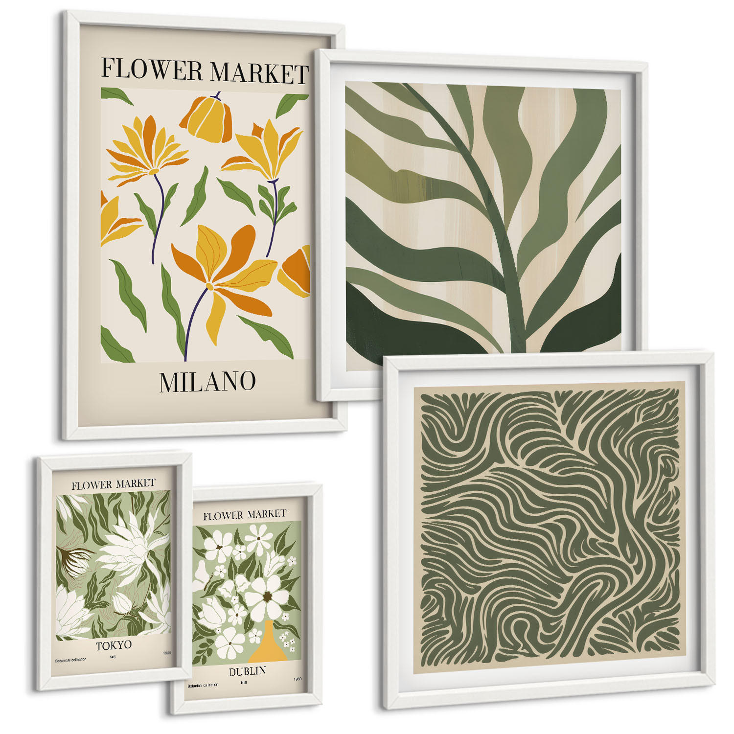 BILDER SET 5er Set - 50x50 cm & 20x30 cm & 40x60 cm Weißer Rahmen - Pflanzenmuster, Boho-Dekorationen - Weiß, Kunststoff (40/60cm) - TULUP