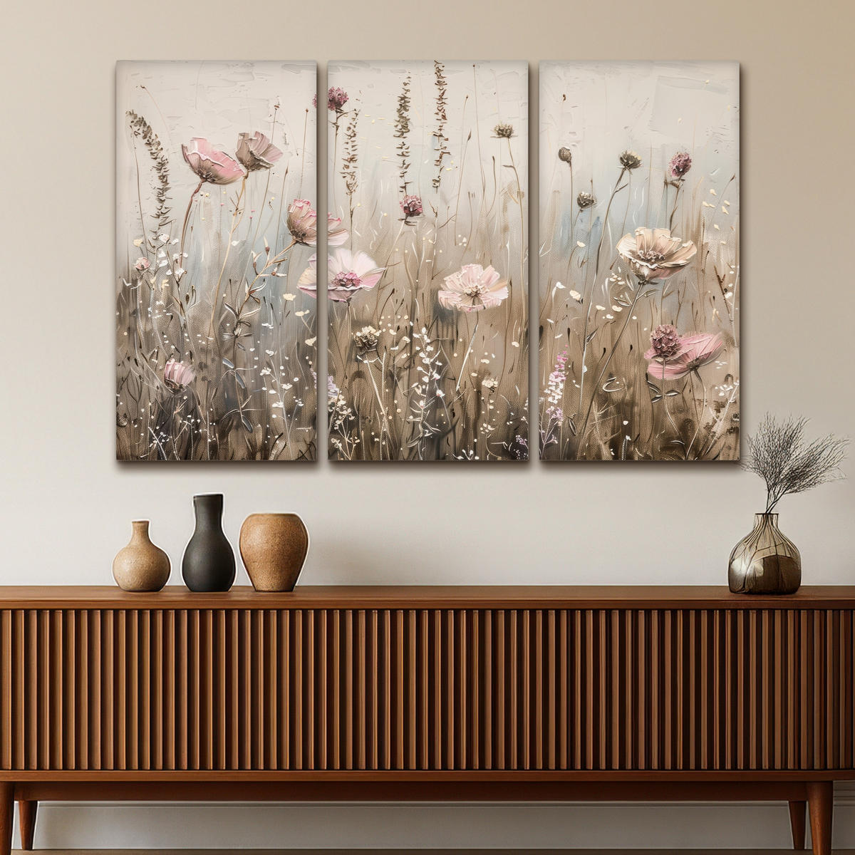 LEINWANDBILD 3er Set Blumen - Beige - Modern - Rosa 150x100 cm - Ecru, Textil (150/100cm) - MuchoWow