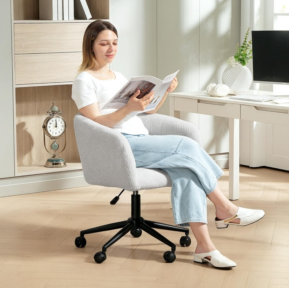 DREHSTUHL 65/59/75-85 cm cremeweiß aus Polyester höhenverstellbar - Creme, Kunststoff (59/85/65cm) - OKWISH