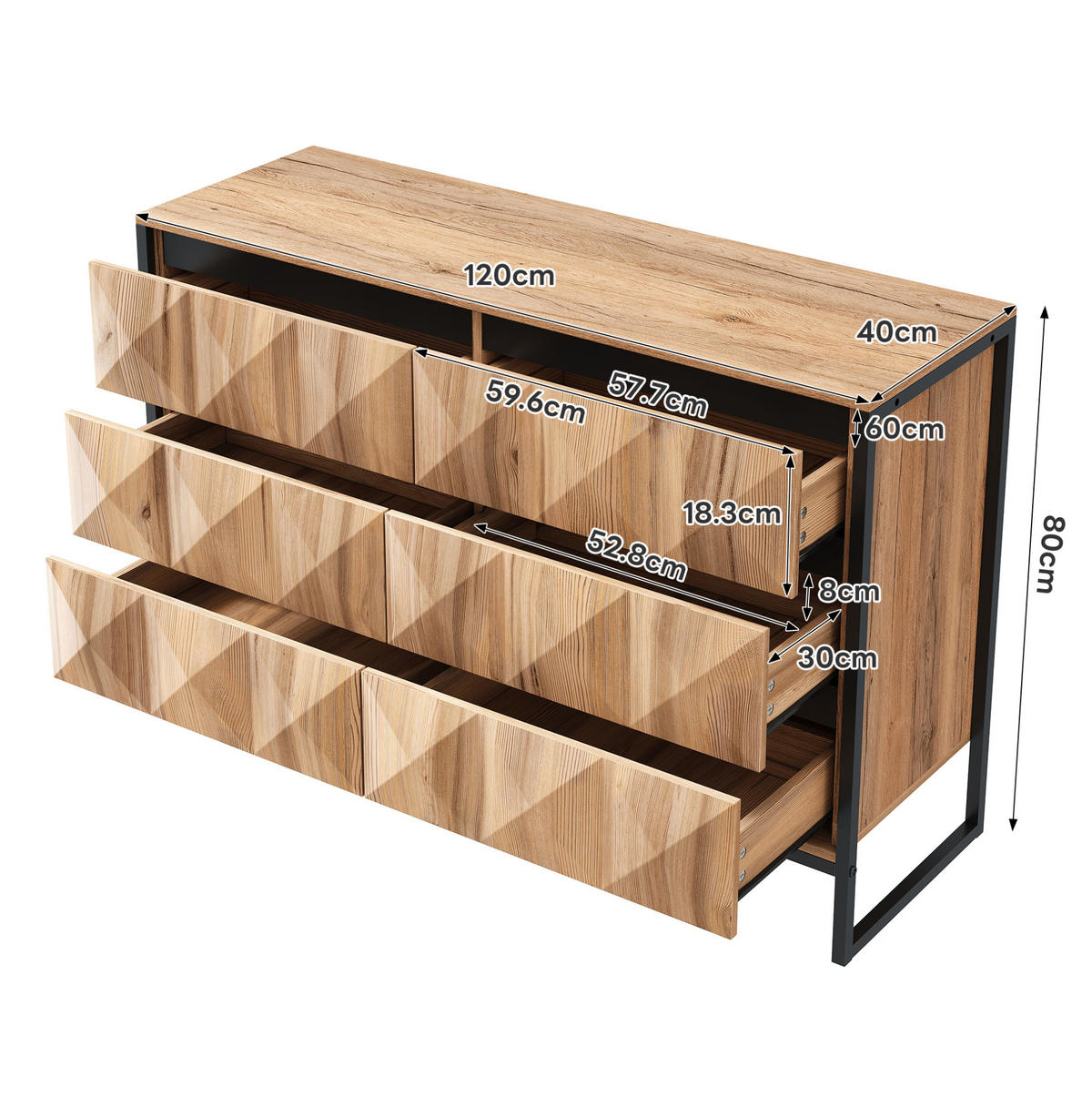 SIDEBOARD 120/40/80 cm mit 6 Schubladen in Schwarz & Natur im industriellen Look - Naturfarben, Holzwerkstoff (120/80/40cm) - BEAOK