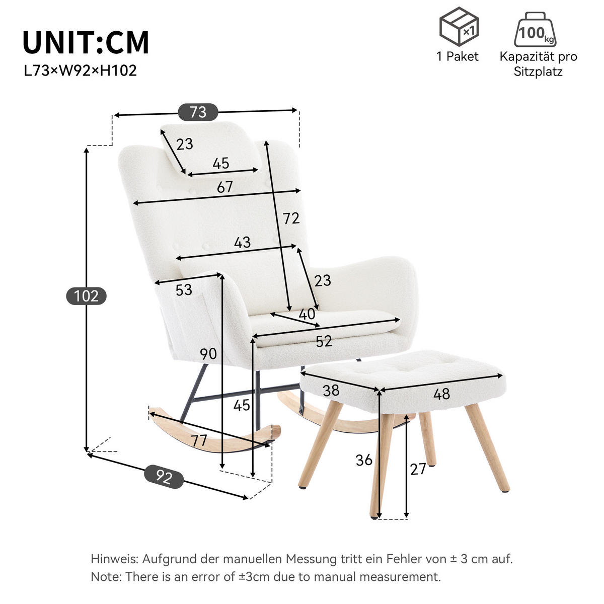 SCHAUKELSTUHL Weiß 73/92/102 cm - Weiß, Holzwerkstoff/Textil (73/102/92cm) - Urban Meuble