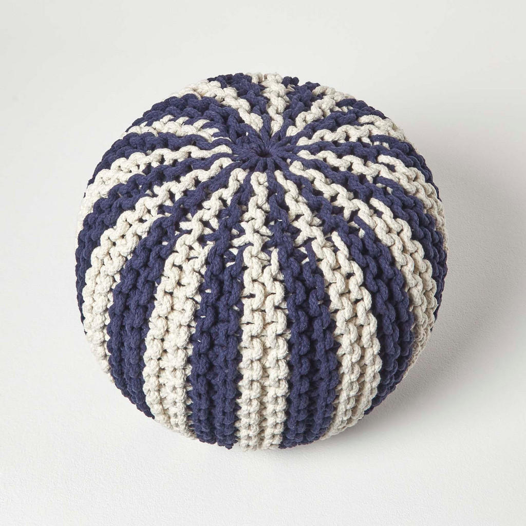 Thumbnail - Homescapes Strickpouf, Dunkelblau, Textil, Gestreift, Rund, 50x40x50 cm, Wohnzimmer, Hocker, Poufs