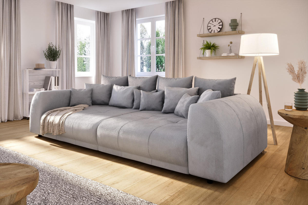 BIGSOFA Levana 5 Sitzer Hellgrau Cord-Stoff - Hellgrau/Schwarz, Holz/Kunststoff (310/86/135cm) - S-Style Möbel