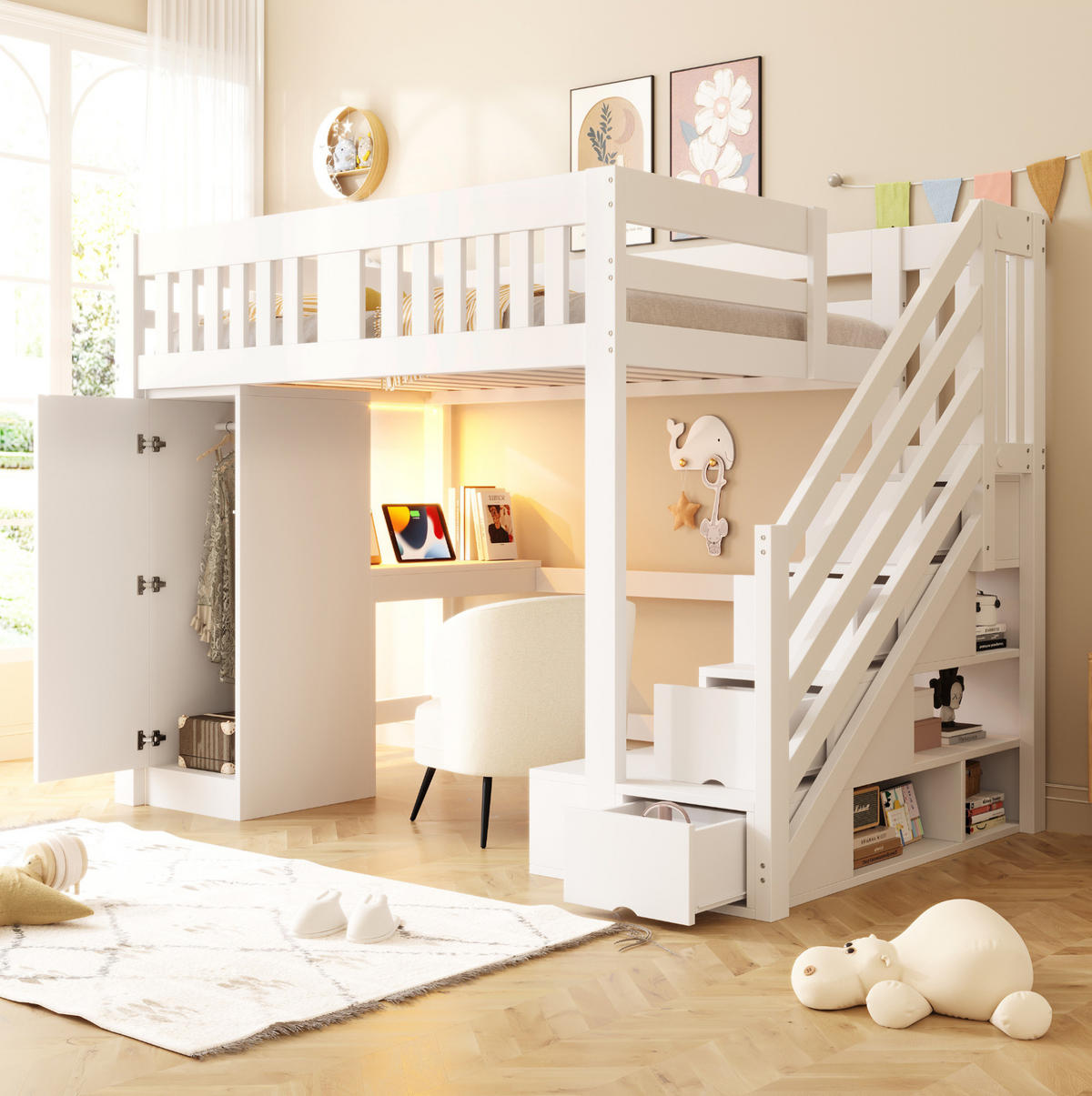 HOCHBETT 140/200 cm weiß aus Holz mit Stauraumtreppe, Schreibtisch und LED - Weiß, Holzwerkstoff (140/200cm) - OKWISH