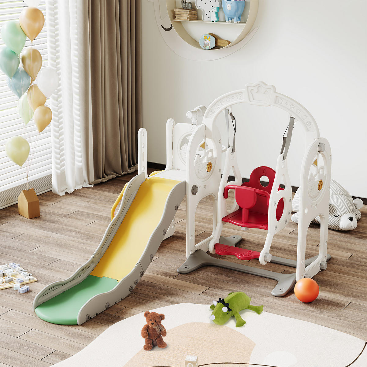 6-IN-1 RUTSCHE Kinder Weiß Mit Klettergerüst, Schaukel & Teleskop - Weiß, Holz (150/115/150cm)