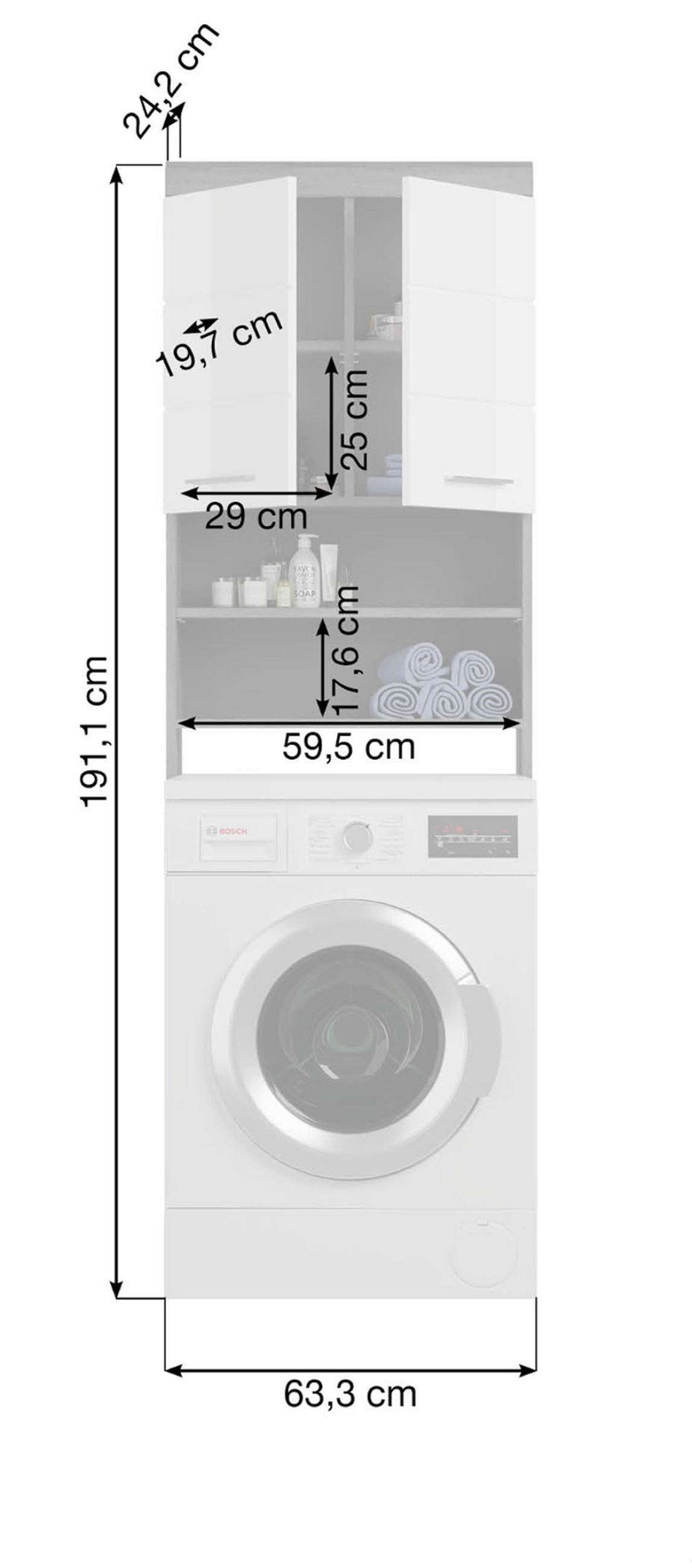 WASCHMASCHINENSCHRANK weiß Hochglanz, grau 63 cm, 6 Fächer - Chromfarben/Weiß Hochglanz, Holzwerkstoff/Kunststoff (63/191/24cm) - Inn.Furn