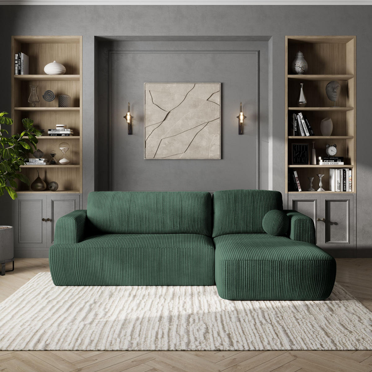 ECKSOFA SENTI P R-S Grün Kordstoff mit Schlaffunktion - Schwarz/Grün, Holz/Kunststoff (246/148cm) - MASSENO