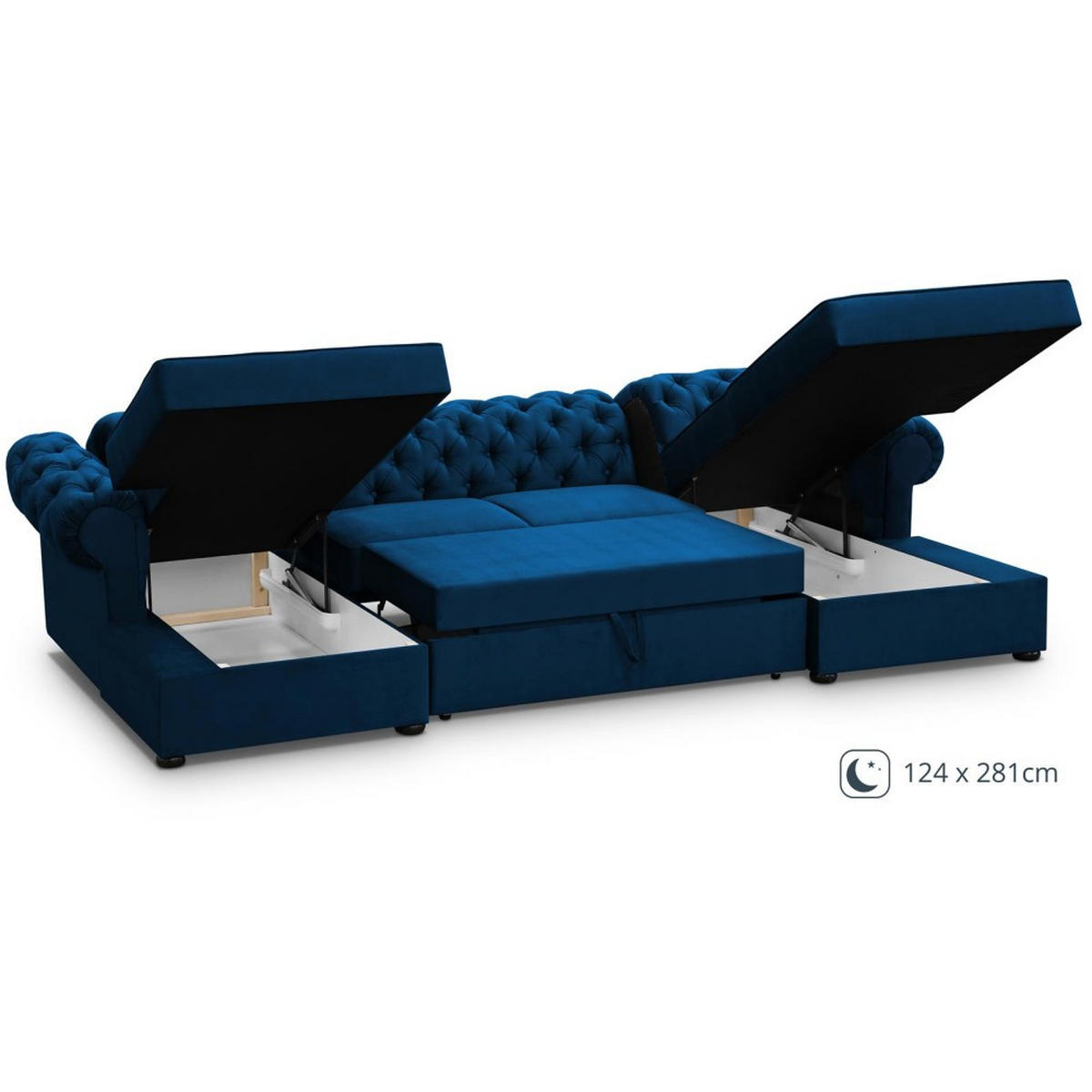 WOHNLANDSCHAFT Chester im Chesterfield-Stil, Dunkelblau - Schwarz/Dunkelblau, Textil (348/81/174cm) - Beautysofa