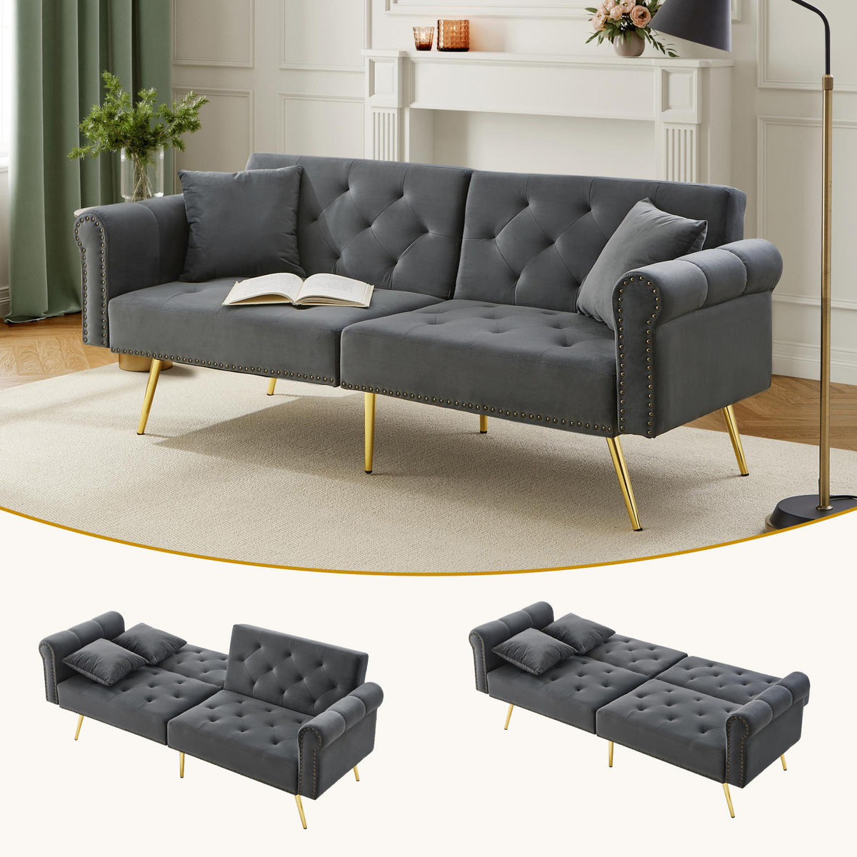 SCHLAFSOFA 173/75/70 cm Antikgrau Samt mit 3-stufiger Verstellung - Graphitfarben, Textil (173/70/75cm) - Oxeza