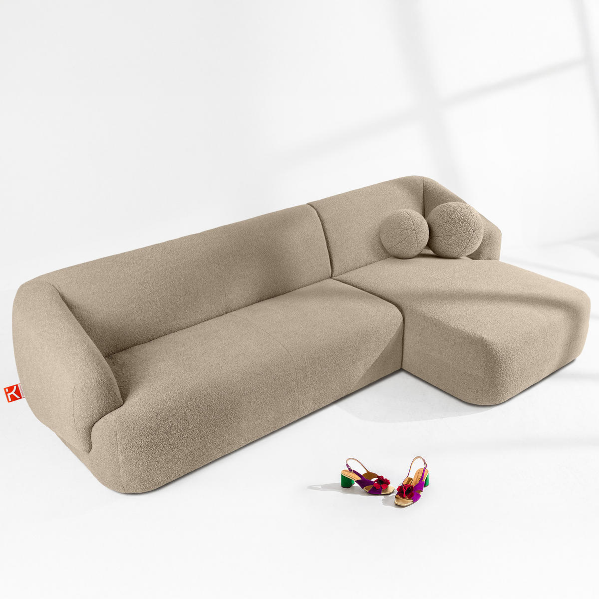 ECKSOFA RECHTS VIRA, Hellbeige, Bouclé - Hellbraun/Schwarz, Holz/Holzwerkstoff (300/160cm) - KONSIMO®