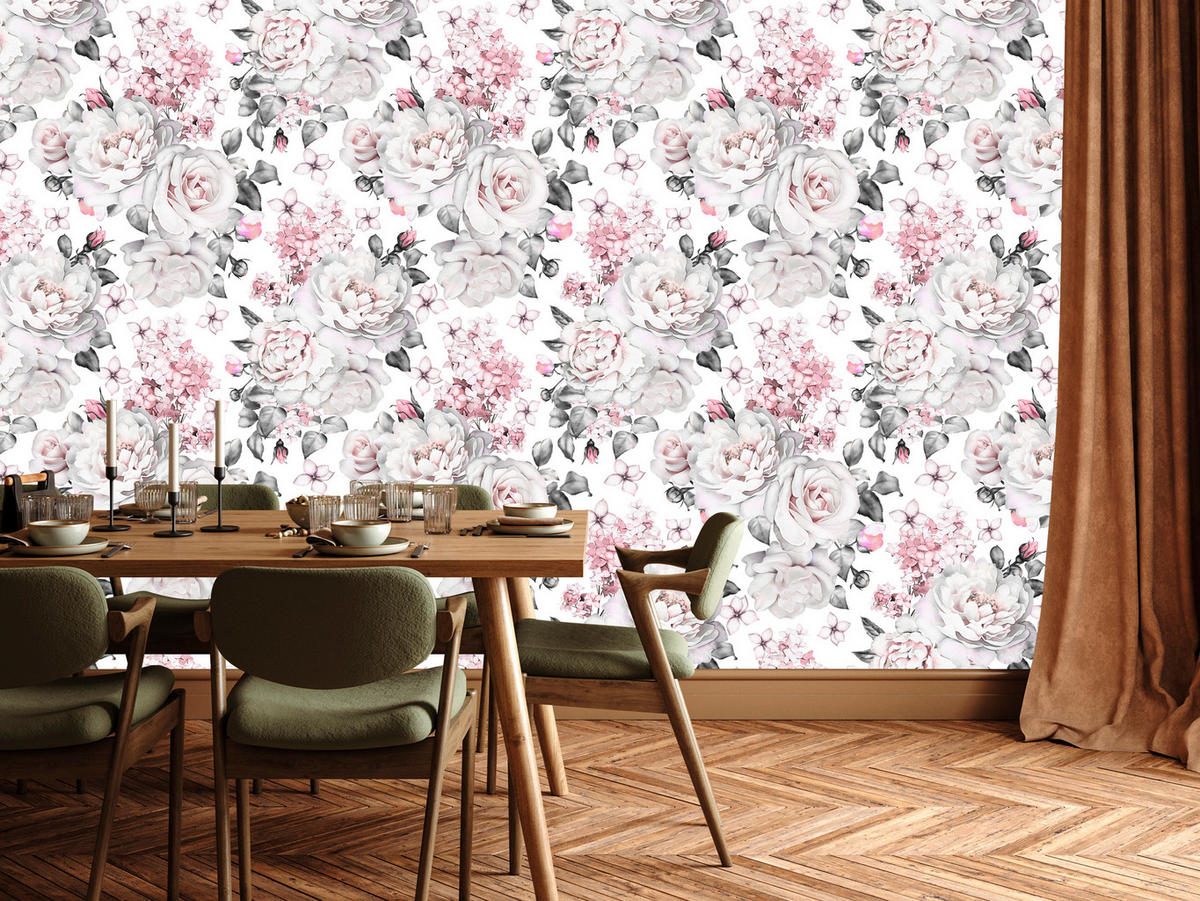 VLIESTAPETE Pastellrosen und Pfingstrosen – Rosa, Grau, Weiß – 50x1000 cm - Rosa/Weiß, Papier (50/1000cm) - Muralo
