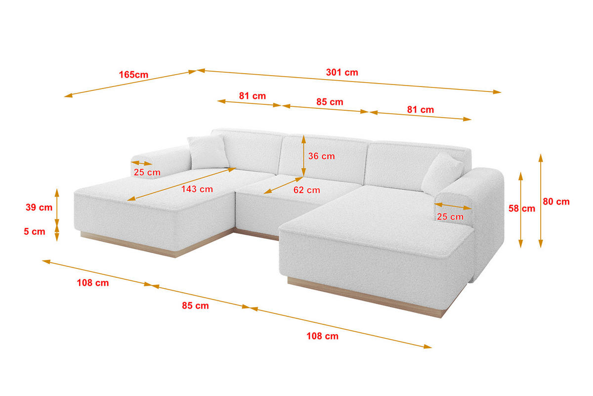WOHNLANDSCHAFT IREA-U1 - 301x165x80 cm Weiß - Weiß, Holzwerkstoff/Textil (301/80/165cm) - ALTDECOR