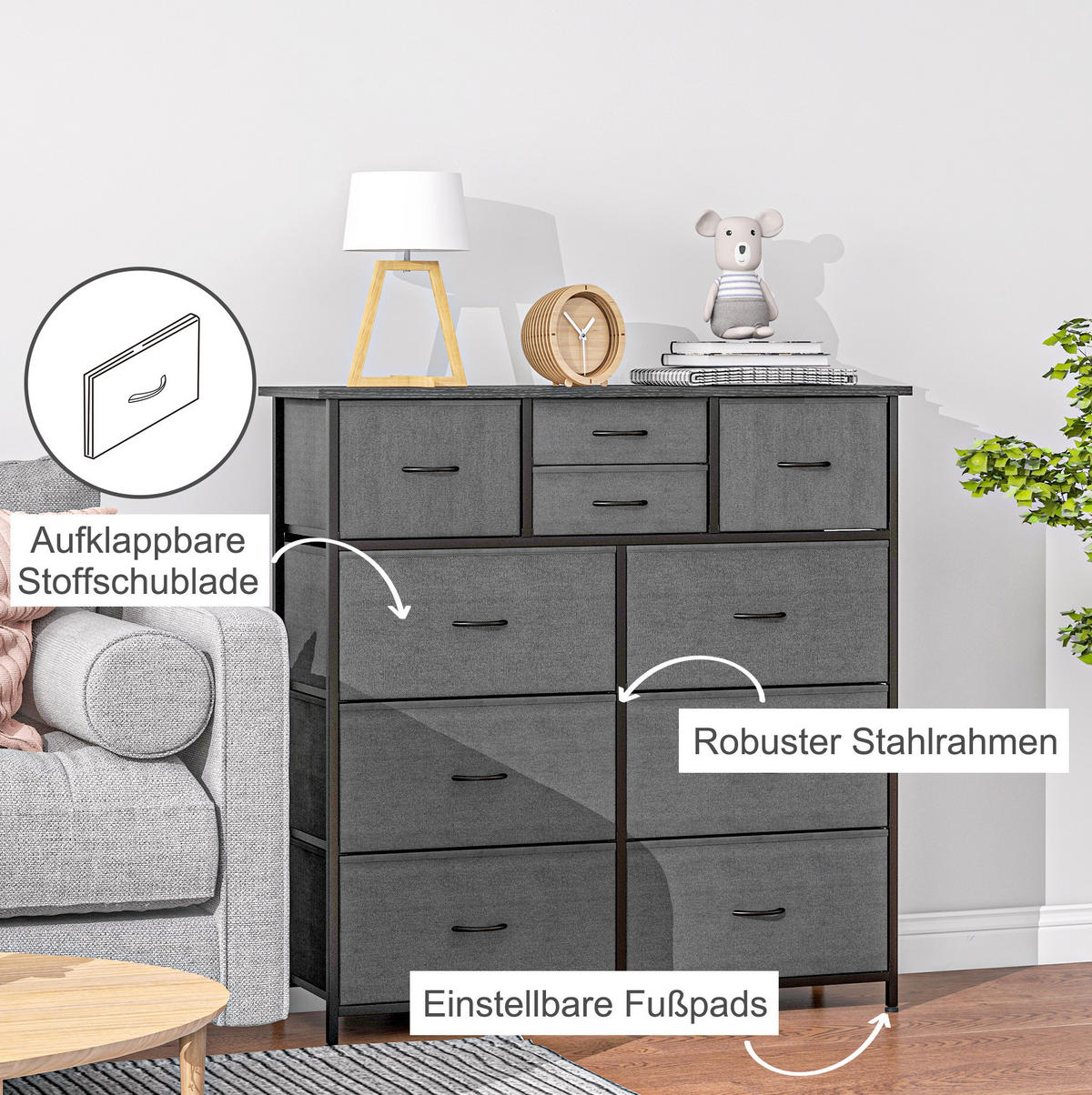 KOMMODE 100/30/100 cm aus Stahl mit 10 Stoffschubladen Schwarz - Schwarz, Metall (100/100/30cm) - Modenvie