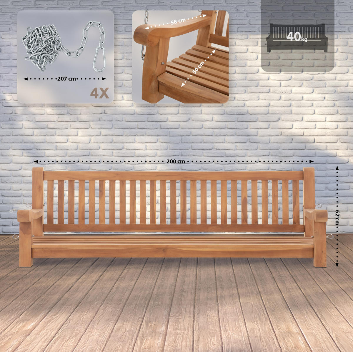 SCHAUKELBANK Muver Holz Teak Hängebank - Teakfarben, Holz (200/62/70cm) - DELUKE