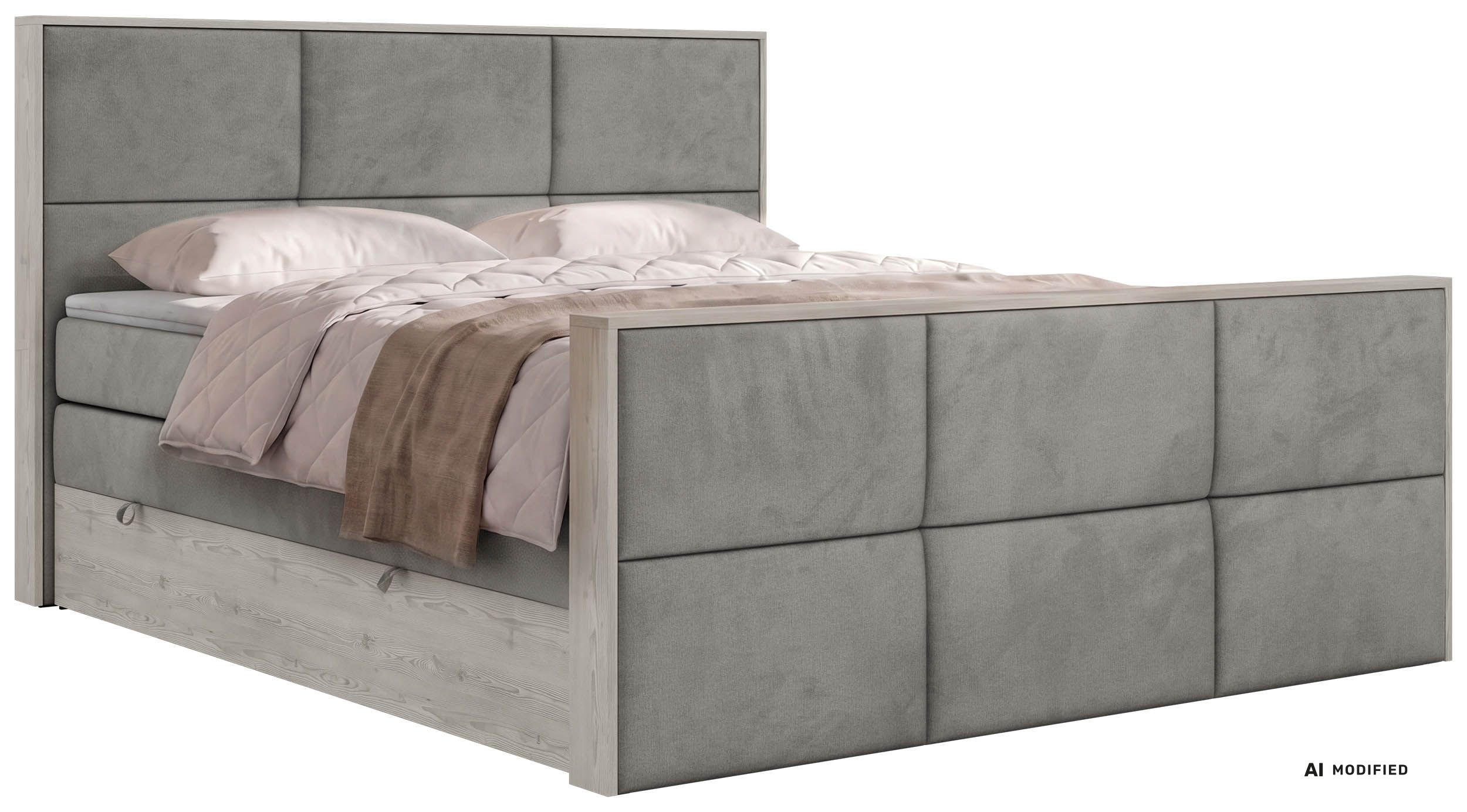 BOXSPRINGBETT DELNOR KING DUO 200/200 - Hellgrau Velvet - Topper Visco - H4 - Hellgrau/Schwarz, Kunststoff/Textil (200/200cm) - MKS