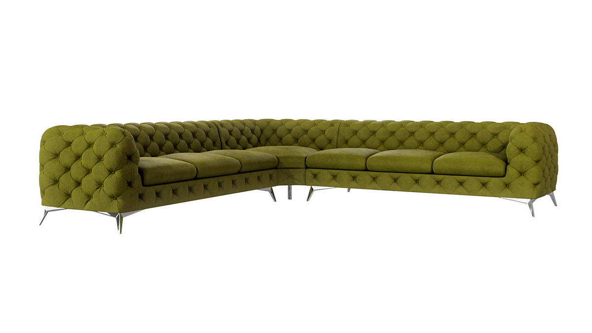 ECKSOFA Chesterfield Laura Olive Samt - Silberfarben/Olivgrün, Holz/Textil (323/323cm) - S-Style Möbel