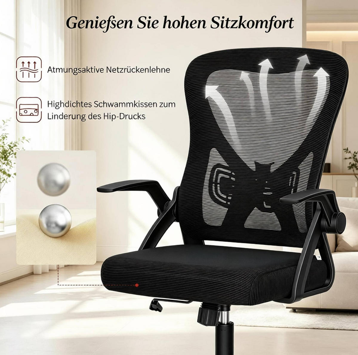 BÜROSTUHL in Schwarz 42x47x111,5 cm mit klappbaren Armlehnen und Höhenverstellung - Schwarz, Kunststoff (47/111.5/42cm) - IVMEU
