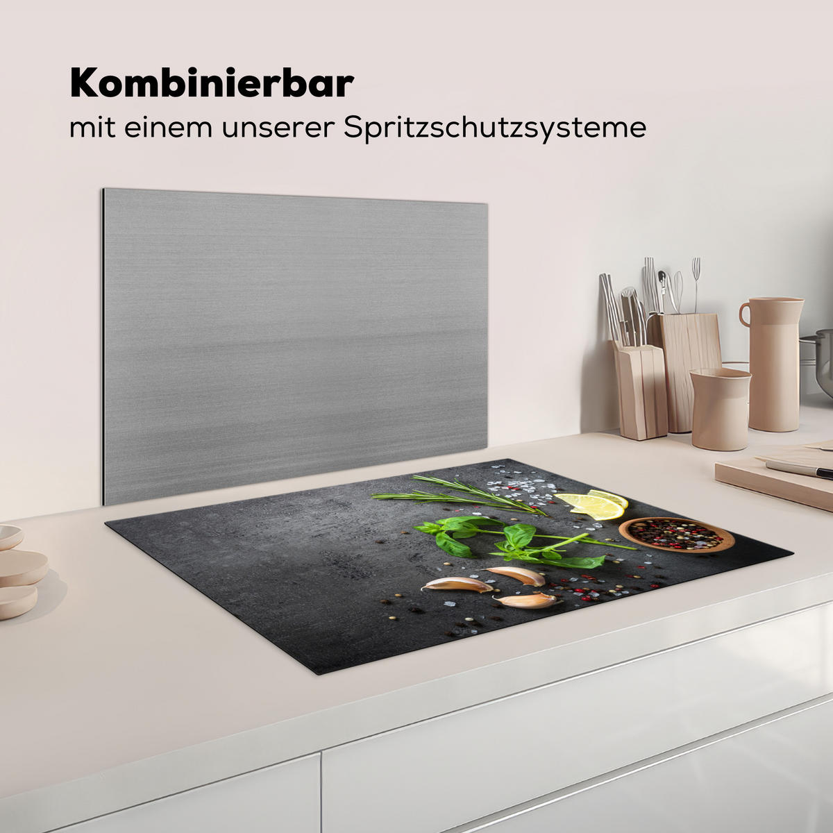 HERDABDECKPLATTE Limette - Kräuter - Gewürze - Grün - Grau - Beton Herdabdeckung Induktionsfeld 75x52 cm - Grün, Kunststoff (75/52/0.2cm) - MuchoWow