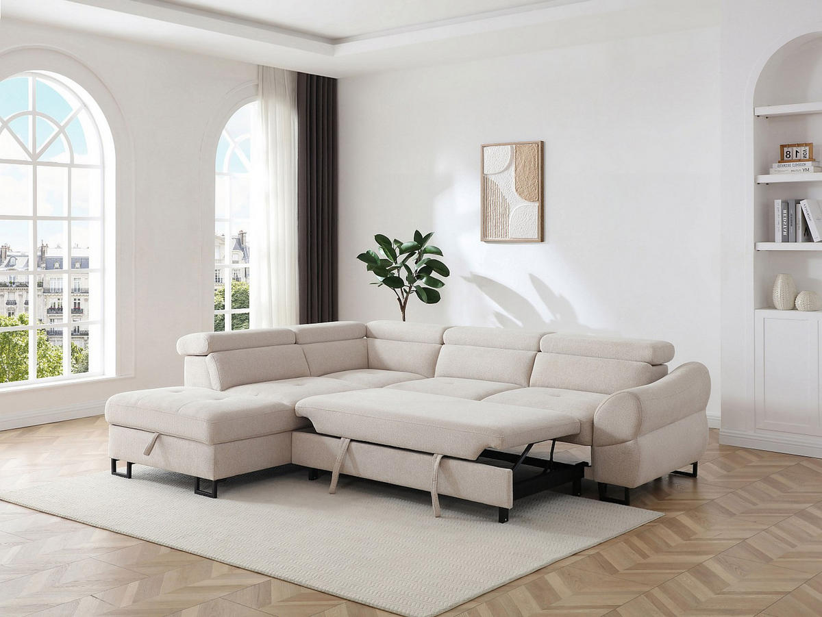 ECKSOFA mit Schlaffunktion – Ecke links – Strukturstoff Beige – VAVERDO - Beige, Textil (272/230cm) - Vente-Unique