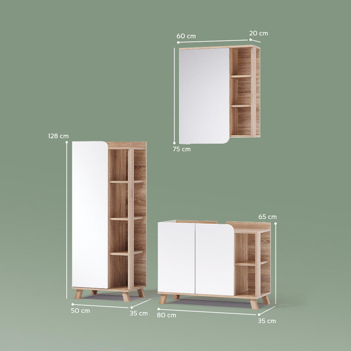 KOMPLET KOPALNIŠKEGA POHIŠTVA Marano, Sonoma/Bela, 3-delni - bela/hrast sonoma, leseni material (80/65/35cm) - Livinity®
