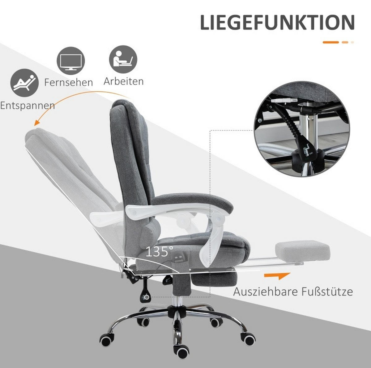 BÜROSTUHL in Grau 70x65x119 cm mit Massage- und Heizfunktion, neigbarer Rückenlehne und Fußstütze - Grau, Textil (65/119/70cm) - IVMEU