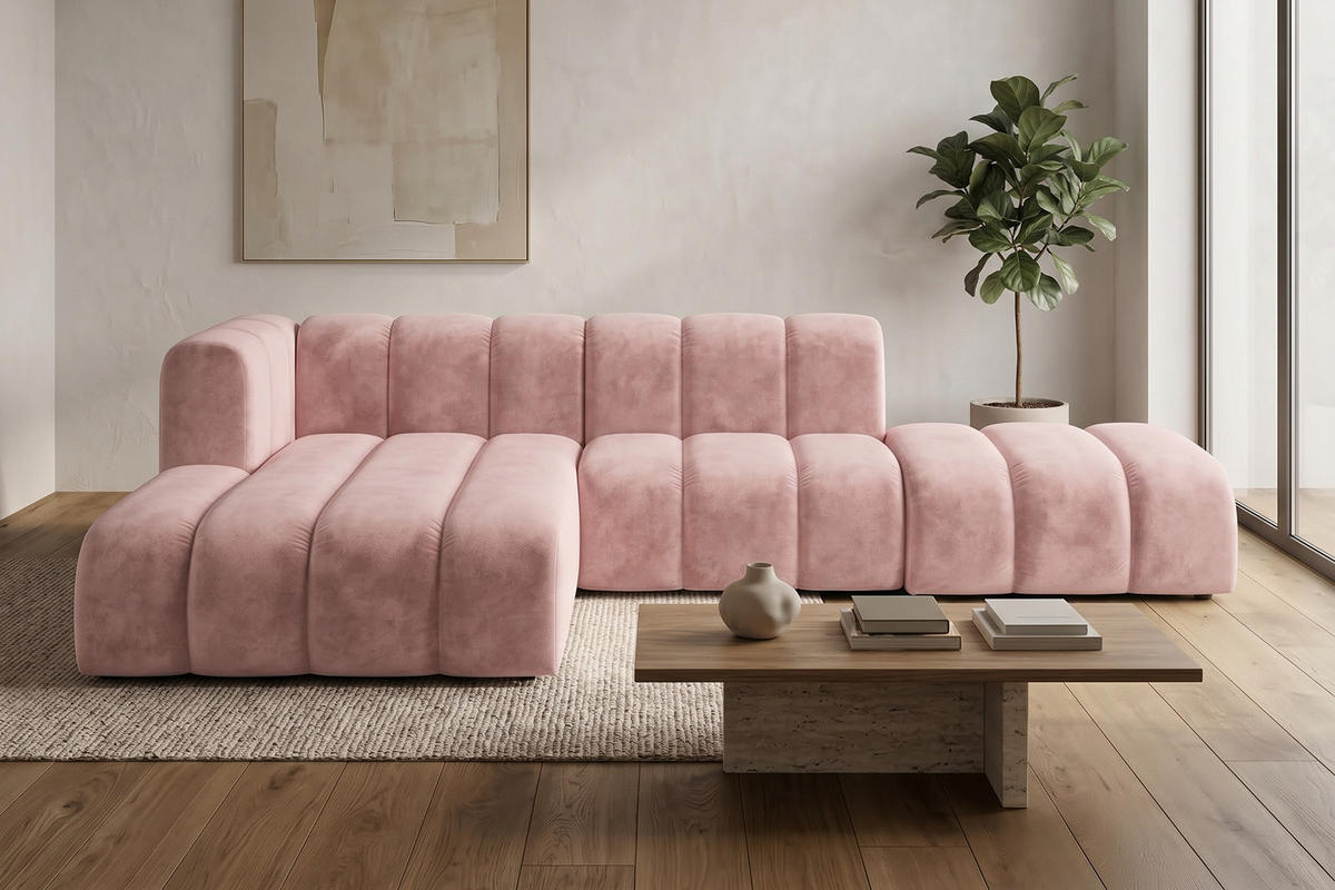 ECKSOFA Modulares In L-Form Mit Hocker, Velvet-Stoff Riviera, Hellrosa, Links, GRAND Mini - Hellrosa, Holz (295/179cm) - Kaiser Möbel