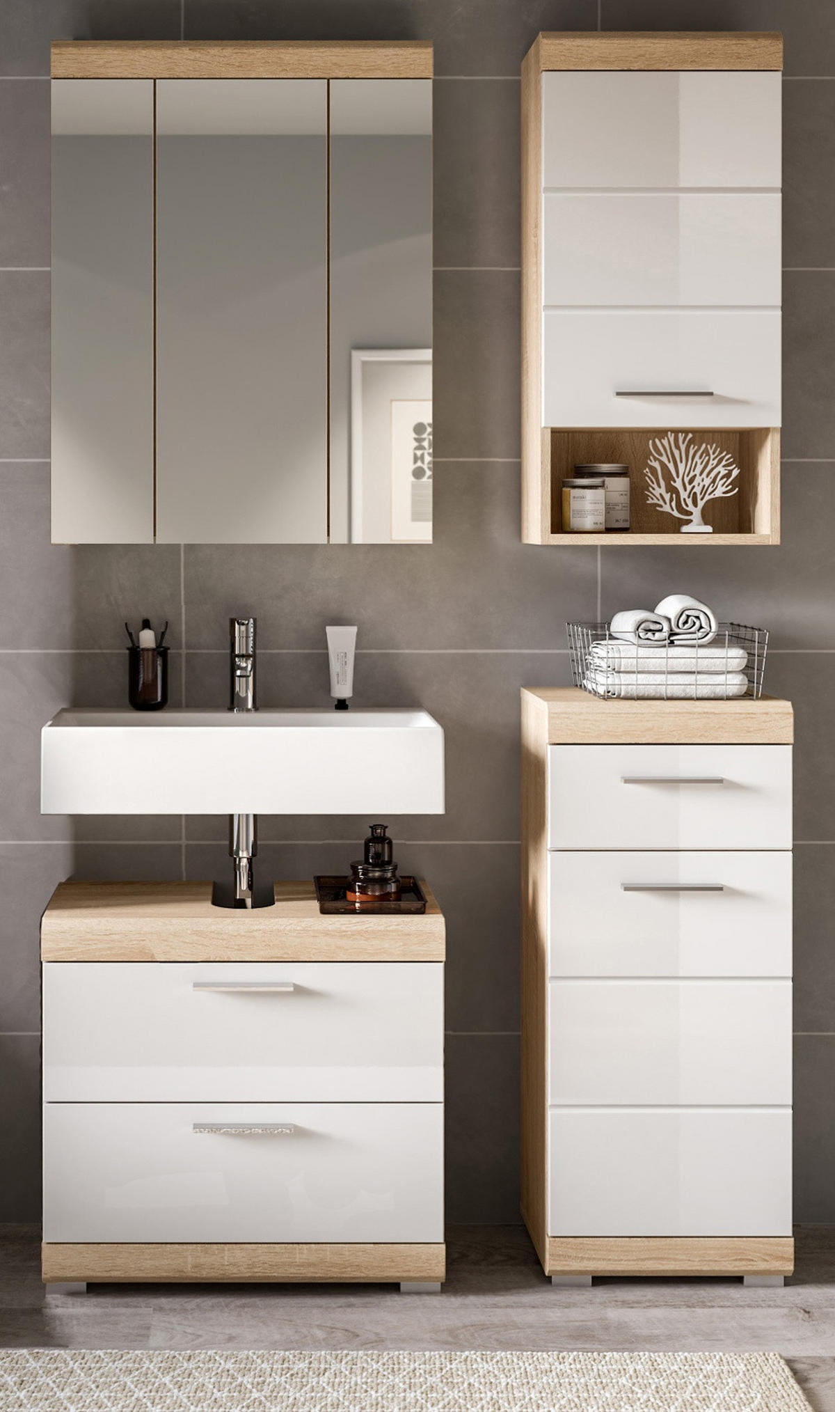 BADMÖBEL-SET weiß Hochglanz, Eiche 4-teilig 112 cm, Komplettset mit viel Stauraum - Weiß Hochglanz/Eichefarben, Holzwerkstoff (112/191/37cm) - Inn.Furn