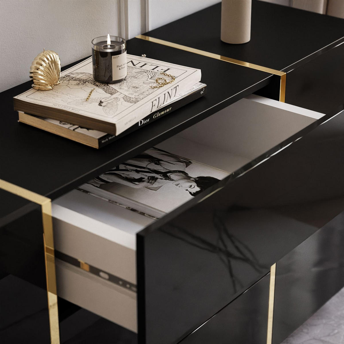 SIDEBOARDS MIT SCHUBLADEN ONYX AUF GOLDENEN BEINEN HOCHGLANZ 158 CM PUSH OPEN - Schwarz, Holzwerkstoff (158/88/41.3cm) - Lookway