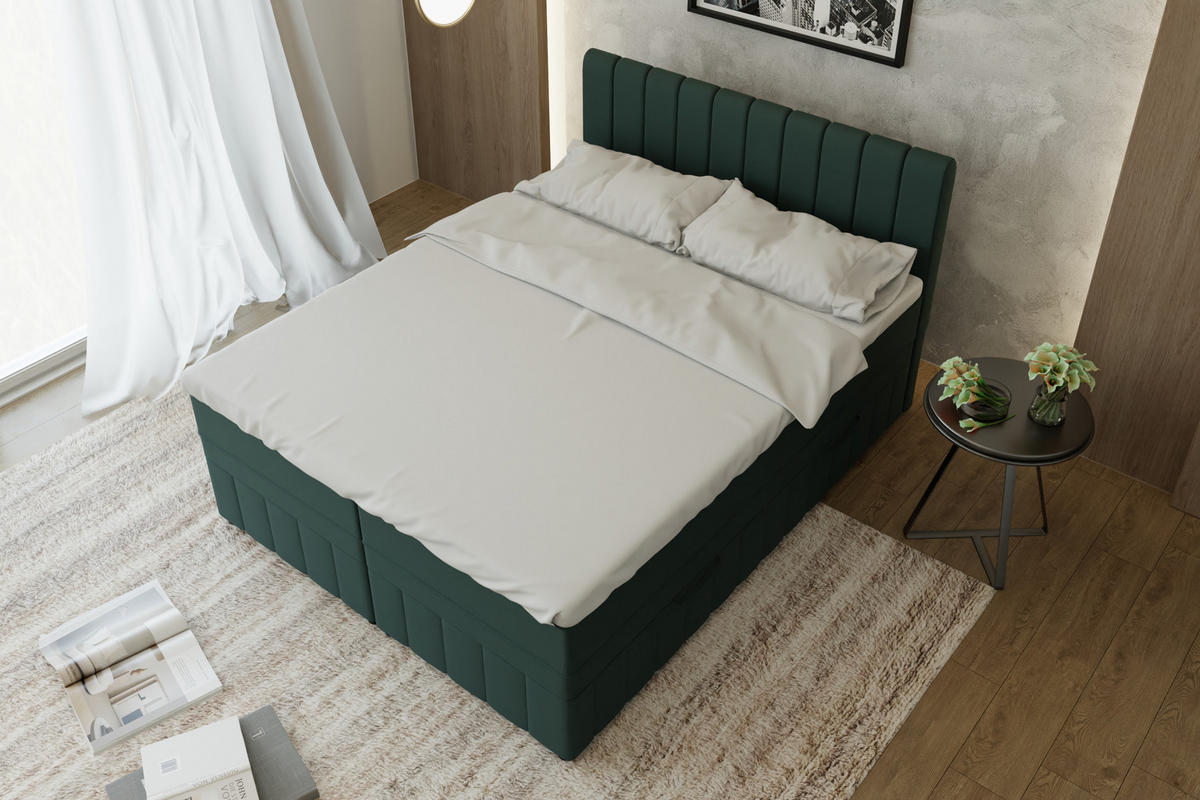 BOXBETT AVALON 160 x 200 cm mit Bettkasten und Topper - Dunkelgrün - Dunkelgrün, Holz - Panda Möbel