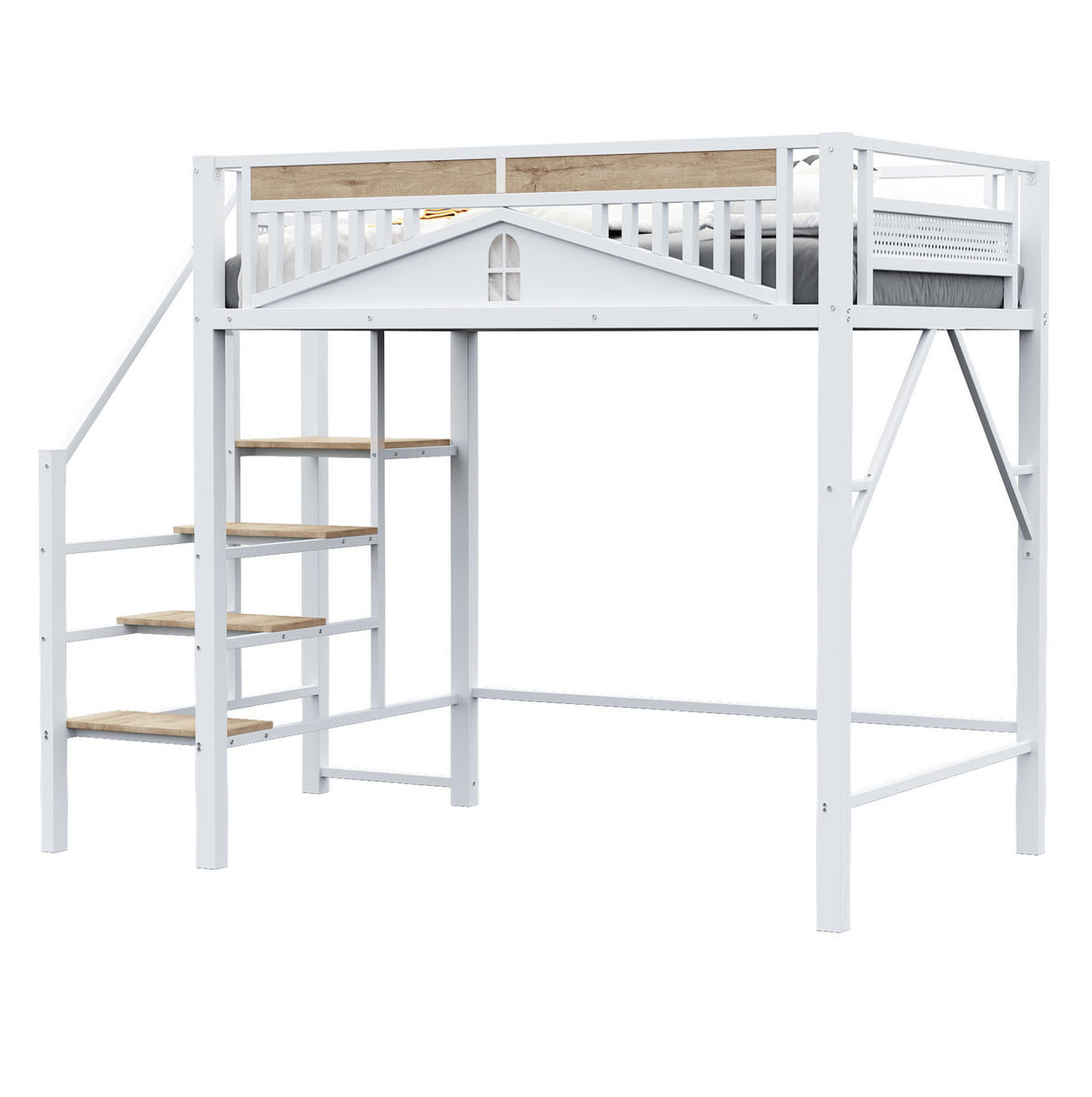 HOCHBETT 140/200 cm in Weiß – mit Rausfallschutz, seitlicher Leiter und Stauraum - Weiß, Metall (140/200cm) - BEAOK