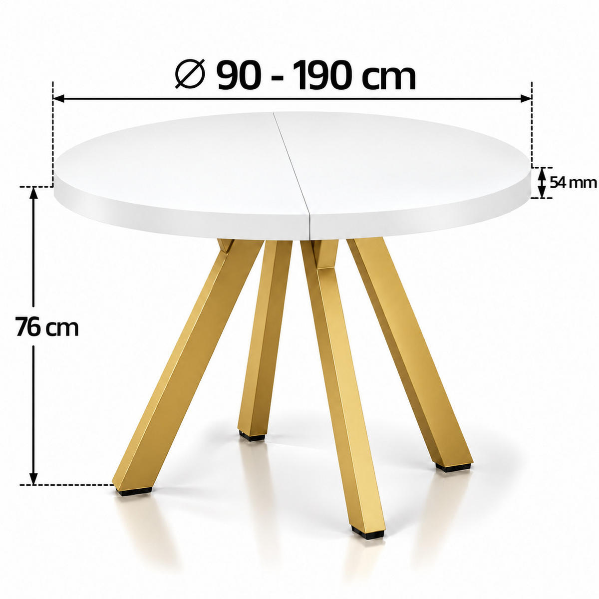 ESSTISCH rund ausziehbar 90/190/76 cm, Weiß, 54 cm Tischplatte + Y Metallgestell Gold - Goldfarben/Weiß, Holzwerkstoff/Metall (90/190/76cm) - Damale Möbel