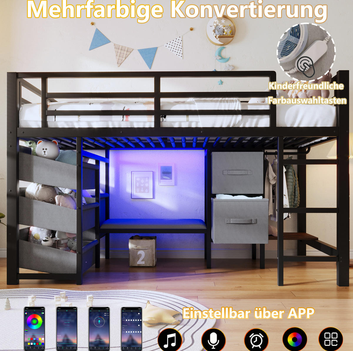 KREVET 90/200 cm s LED osvjetljenjem, sjednim jastukom, tekstilnom ladicom i vrećicom za pohranu, Crna - crna, metal (90/200cm) - Redom