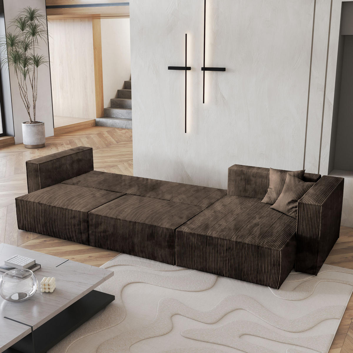 ECKSOFA TOLMO P Braun Kordstoff mit Schlaffunktion - Braun, Holz (347/148cm) - MASSENO