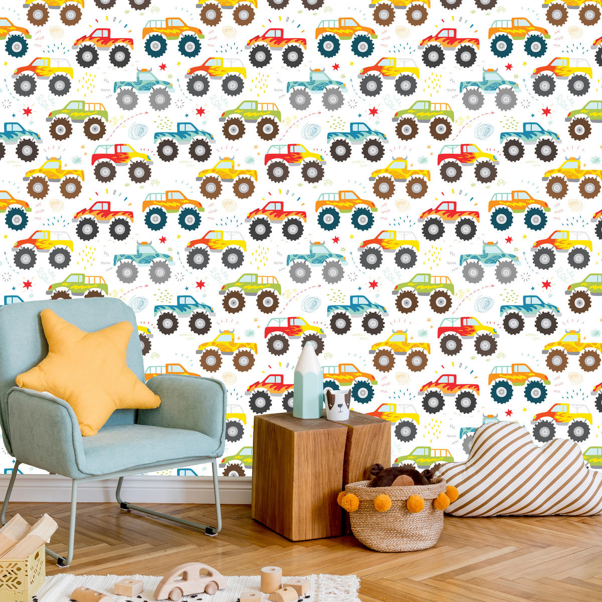 VLIESTAPETE Monstertrucks – Bunt, Weiß – 50x1000 cm - Multicolor/Weiß, Papier (50/1000cm) - Muralo