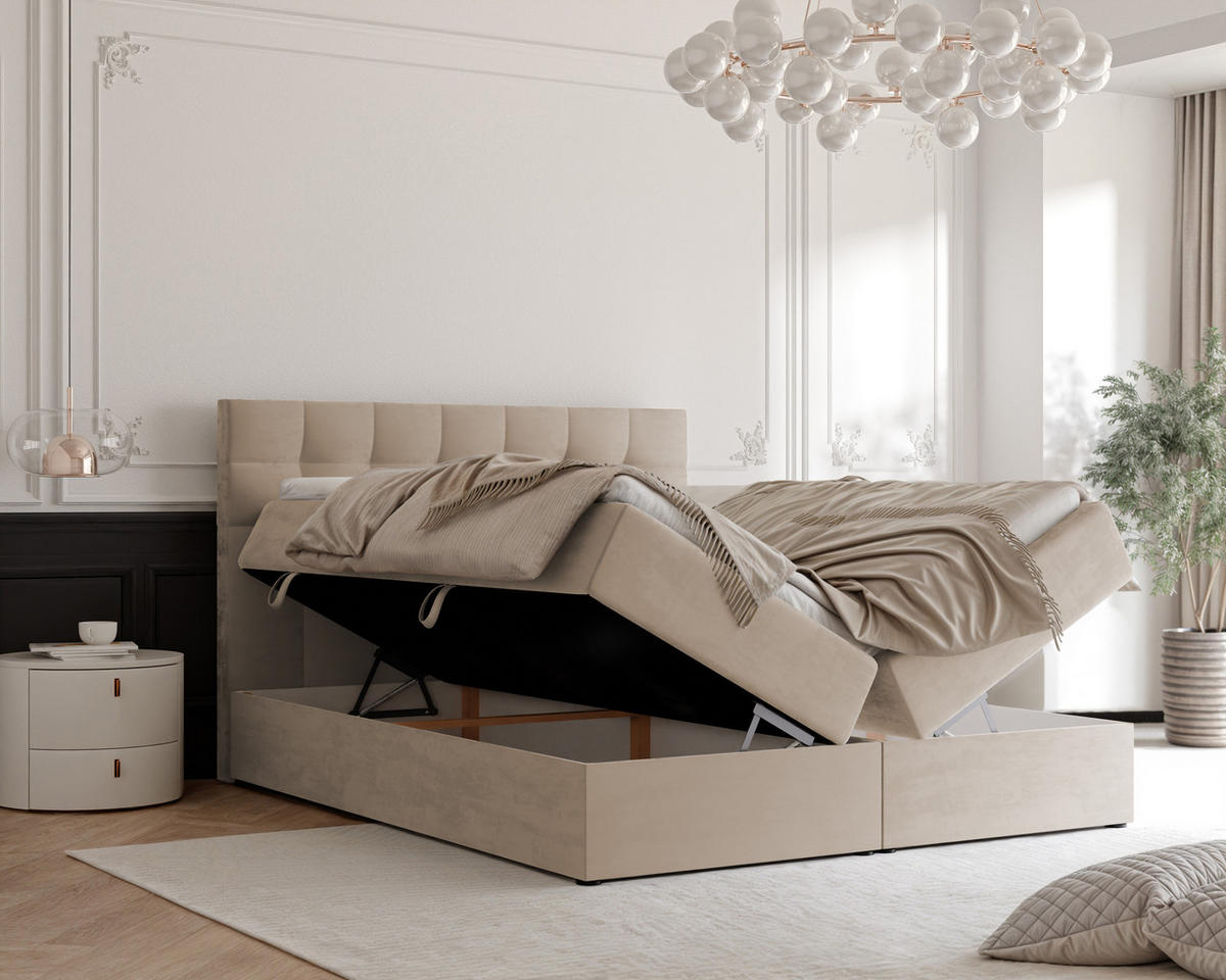 BOXBETT GRAND 180/200 cm, in Hellbeige, mit Matratze und Topper - Sandfarben, Holzwerkstoff/Textil (180/200cm) - Idohome
