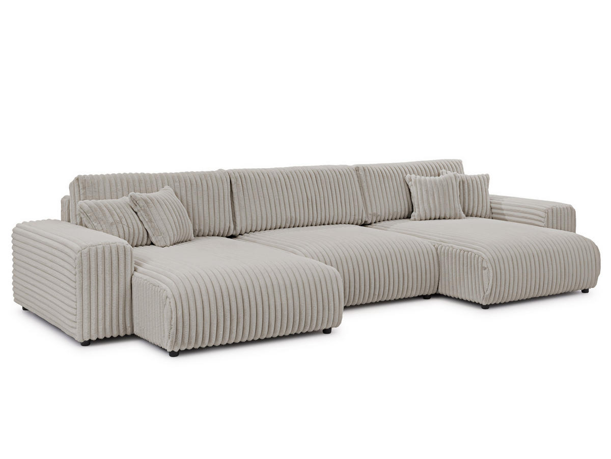 WOHNLANDSCHAFT Mollis Hellgrau Plüschcord mit Schlaffunktion - Hellgrau/Schwarz, Holz/Kunststoff (350/77/168cm) - S-Style Möbel