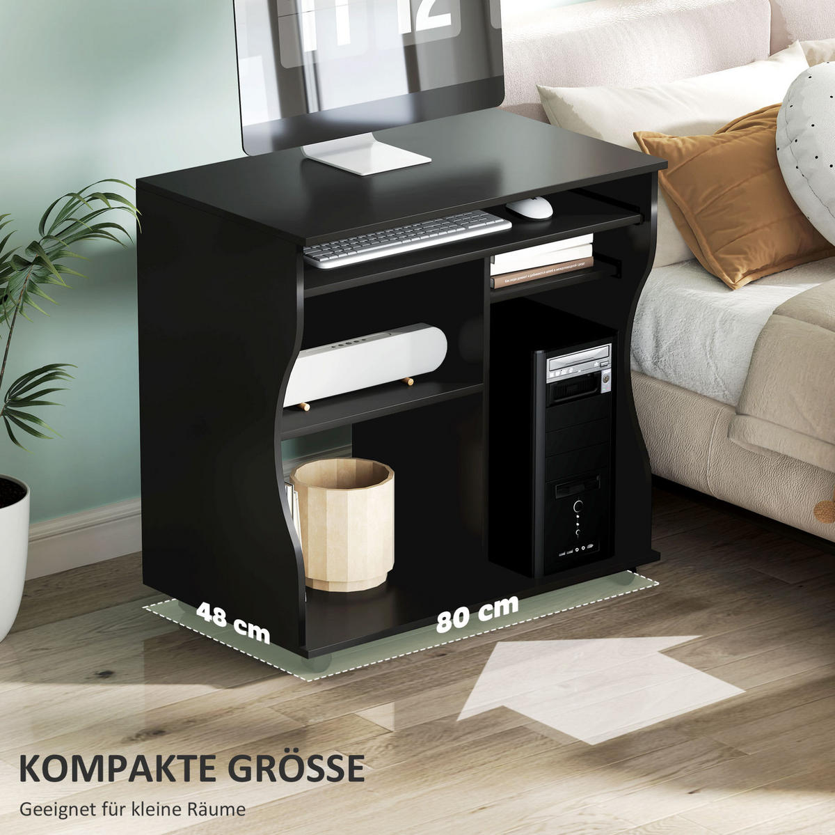 SCHREIBTISCH mit Rollen 80 x 48 x 75 cm Holz Schwarz - Schwarz, Holz (80/48/75cm) - Meubliv