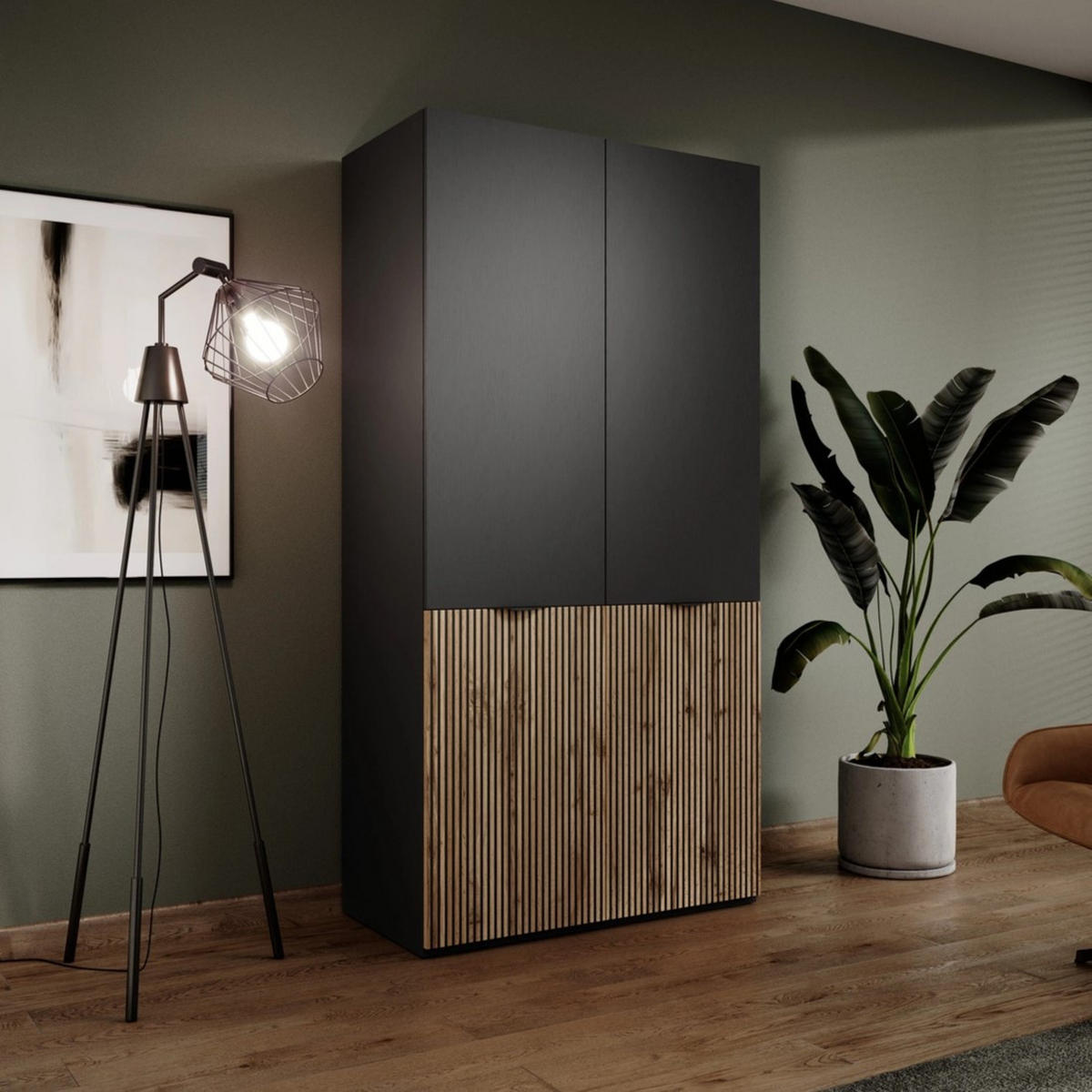 KLEIDERSCHRANK ZEN (Modular, Schwarz, Wotan Eiche Rillenfront, 2-türig) - Eiche Wotan/Schwarz, Holz/Holzwerkstoff (101/200/51cm) - Ravio