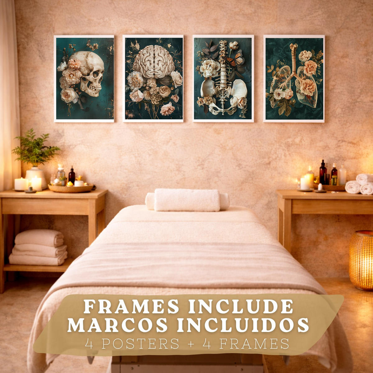 POSTER Set aus 4 Anatomie Mensch Drucke und mit Schädel Gehirn Lungen Luftröhre Bronchien Becken Wirbelsäule Florales Größe Weißer Rahmen A3 - Weiß, Papier (29.7/42/3cm) - Nacnic