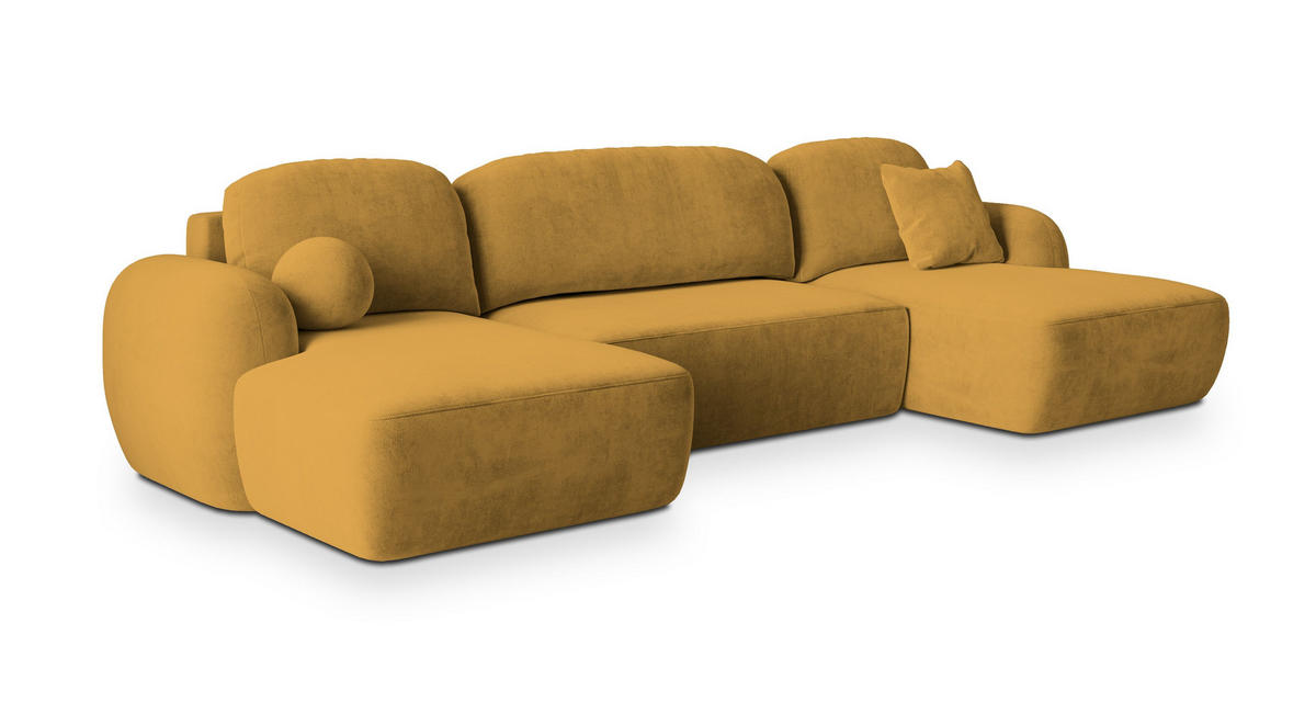WOHNLANDSCHAFT SAVONA K Gelb Plüsch-Stoff mit Schlaffunktion - Gelb, Holz (350/90/148cm) - MASSENO