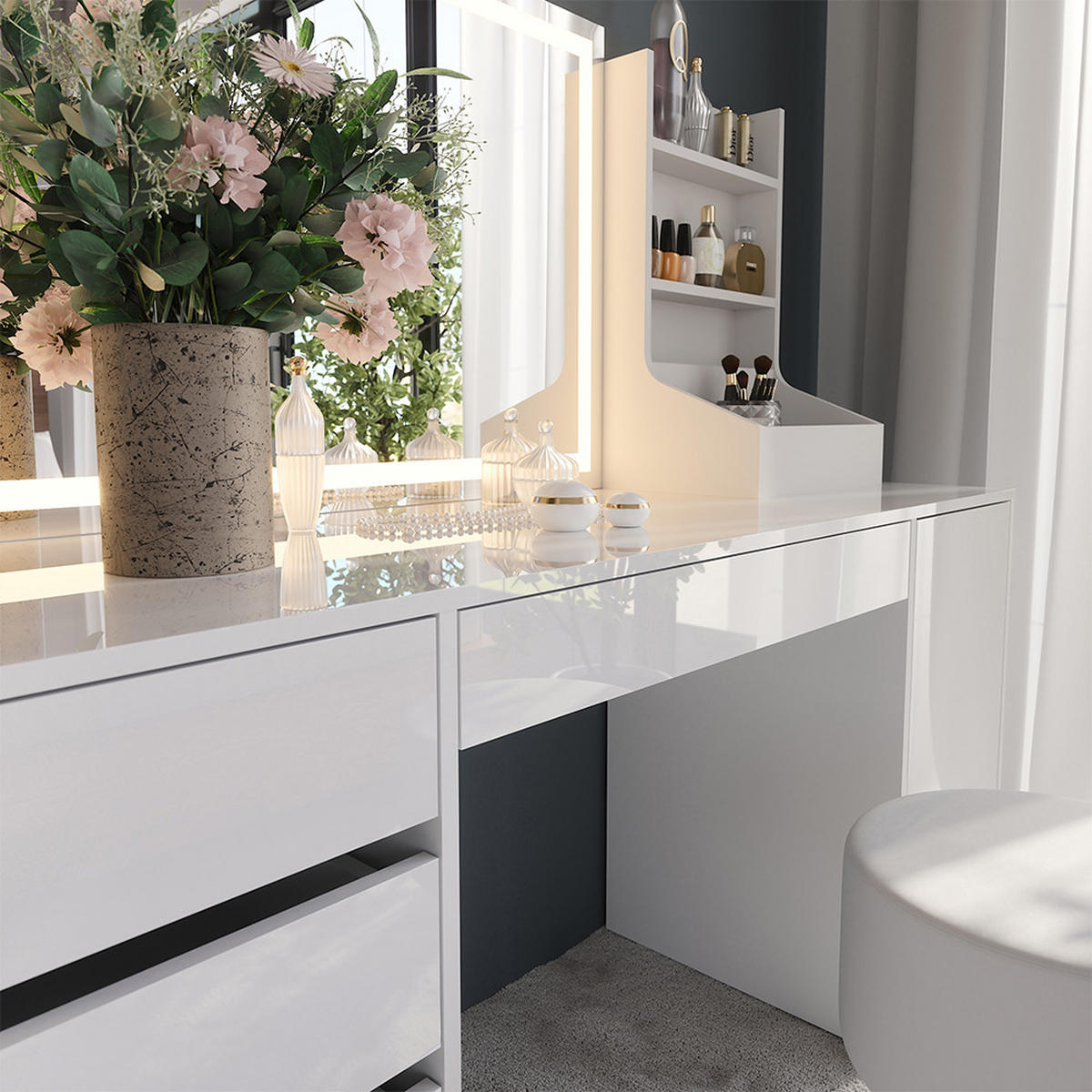 SCHMINKTISCH Sherry Weiß/Weiß Hochglanz 158.2 cm 4 Teile - Weiß Hochglanz, Holzwerkstoff (158.2/76/50.1cm) - Vicco