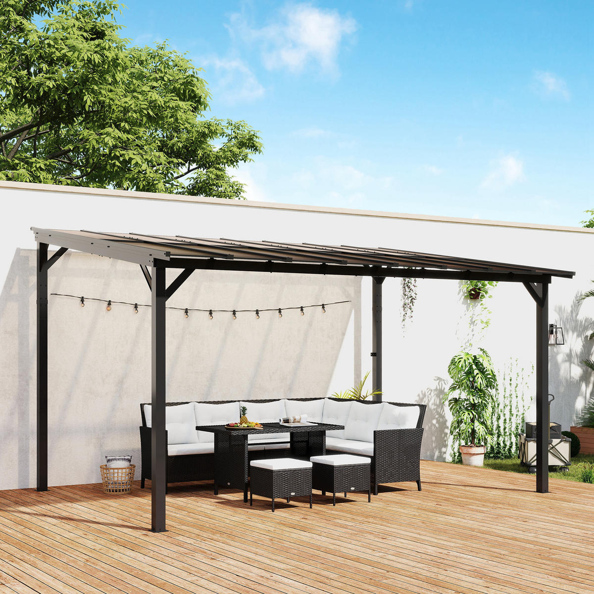 TERRASSENÜBERDACHUNG ca. 3 x 4,3m freistehend mit schrägen Dach - Dunkelgrau, Metall (294/258/428cm) - Outsunny