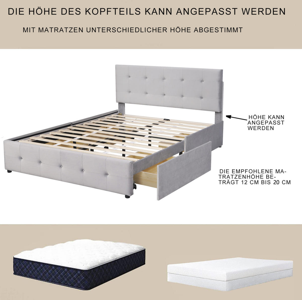 POLSTERBETT 140/200 cm Grau aus Stoff mit 4 Schubladen - Grau, Textil (140/200cm) - OKMYHOME