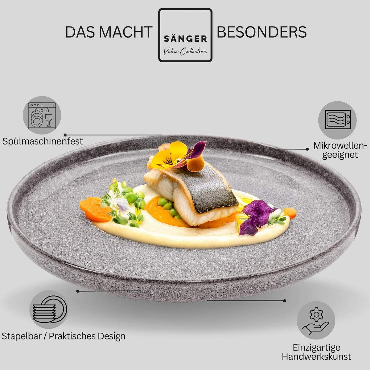 SPEISETELLER SET KAIRO MONDGRAU - 6 teilig aus Steingut - Dunkelgrau, Keramik (35cm) - Sänger