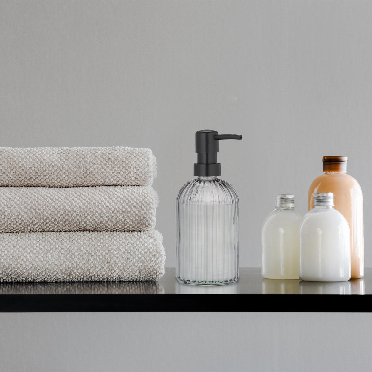 3XGLAS-SEIFENSPENDER - Schwarz, Glas/Kunststoff (9/19/7cm) - Relaxdays