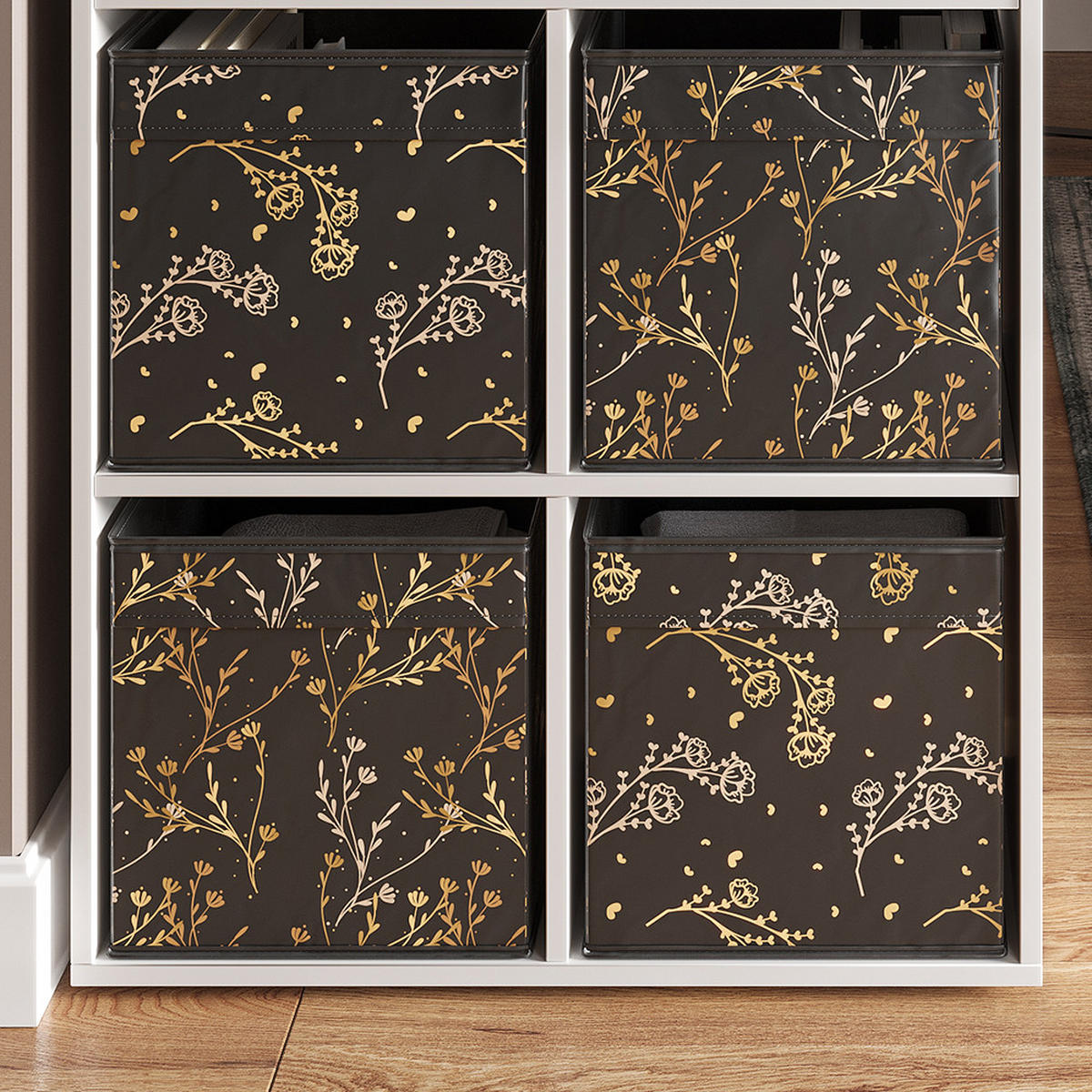 FALTBOX Schwarz/Gold (Floral) 30 x 30 cm 2er Set Option2 - Gelb/Schwarz, Wellpappe (30/30/30cm) - Vicco