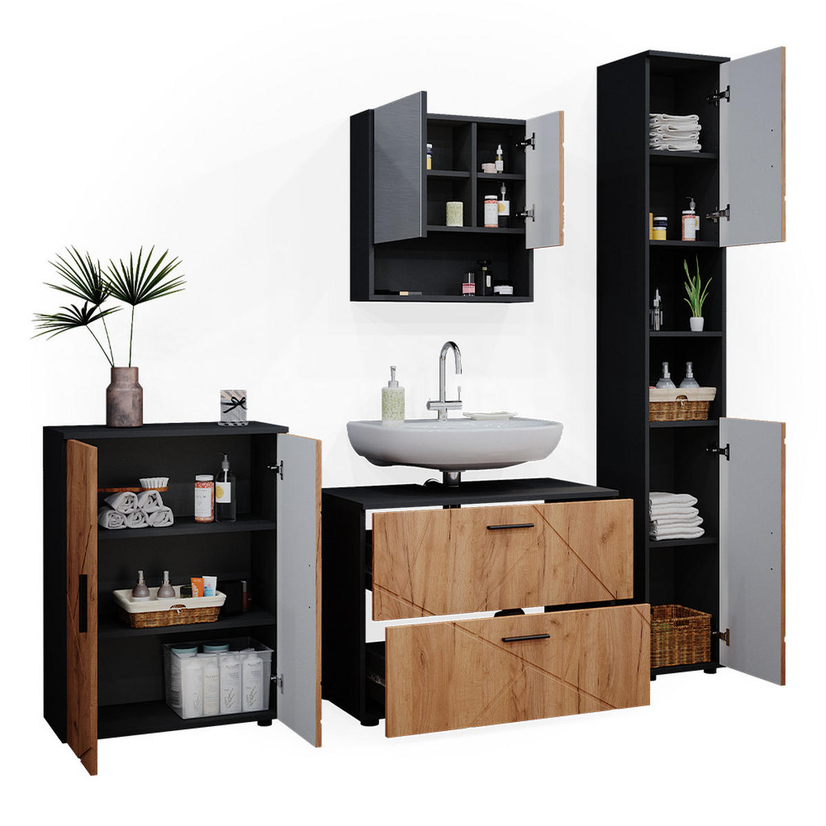 BADMÖBEL-SET Irma Goldkraft Eiche/Anthrazit 4 Teile - Anthrazit/Eiche Wotan, Holzwerkstoff (80/58/41cm) - Vicco